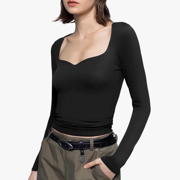 Pumiey Womens Sweetheart Neckline Long Sleeve Top Black Size M - Picture 2 of 8